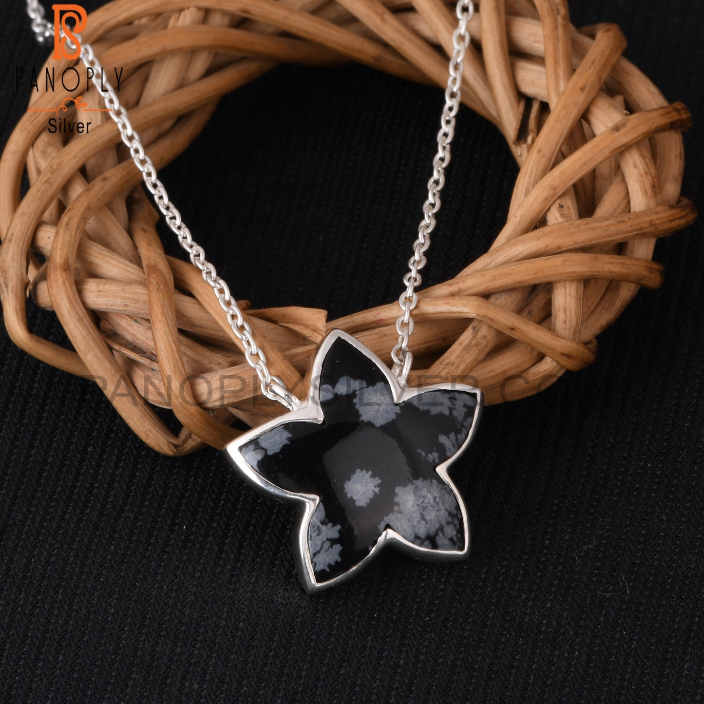 Snowflake Obsidian 925 Silver Moonflower Pendant Chain