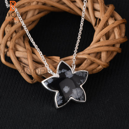 Snowflake Obsidian 925 Silver Moonflower Pendant Chain