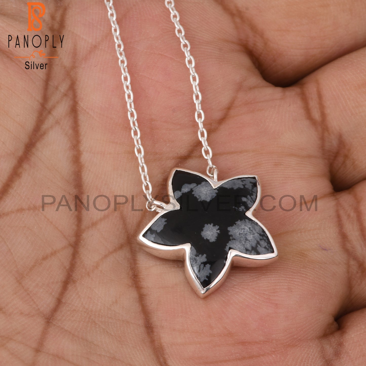 Snowflake Obsidian 925 Silver Moonflower Pendant Chain