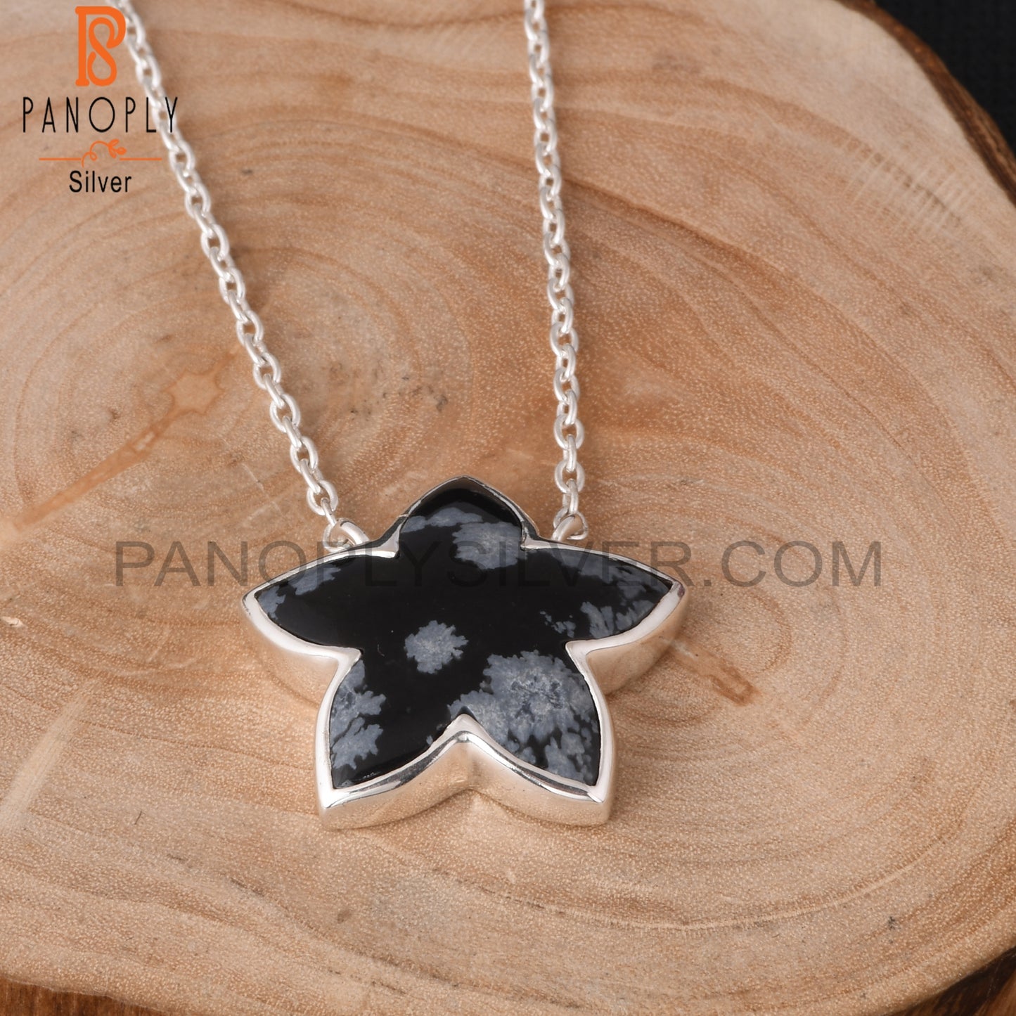 Snowflake Obsidian 925 Silver Moonflower Pendant Chain