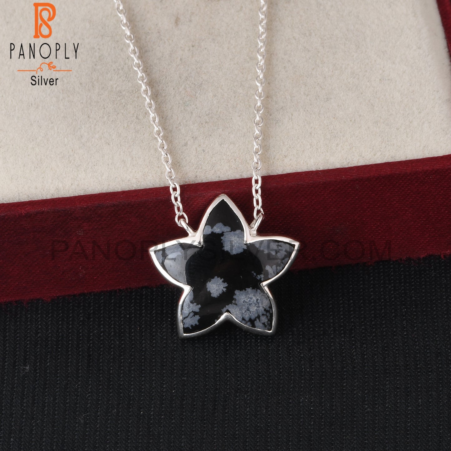 Snowflake Obsidian 925 Silver Moonflower Pendant Chain
