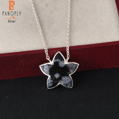 Snowflake Obsidian 925 Silver Moonflower Pendant Chain