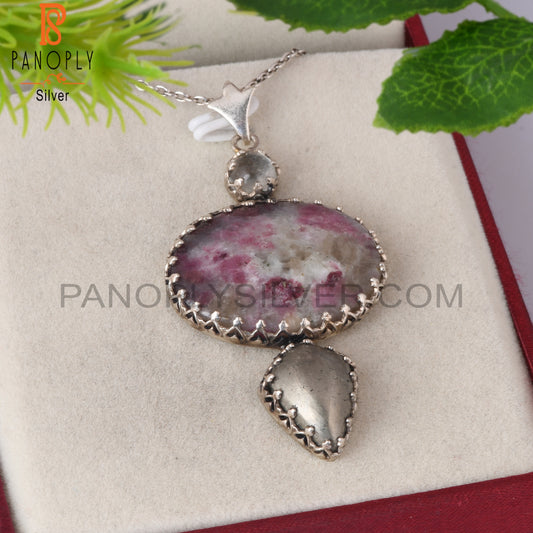 Green Amethyst, Pyrite Tourmaline Quartz Silver Chain Pendant