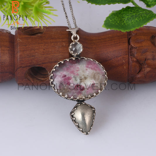 Green Amethyst, Pyrite Tourmaline Quartz Silver Chain Pendant