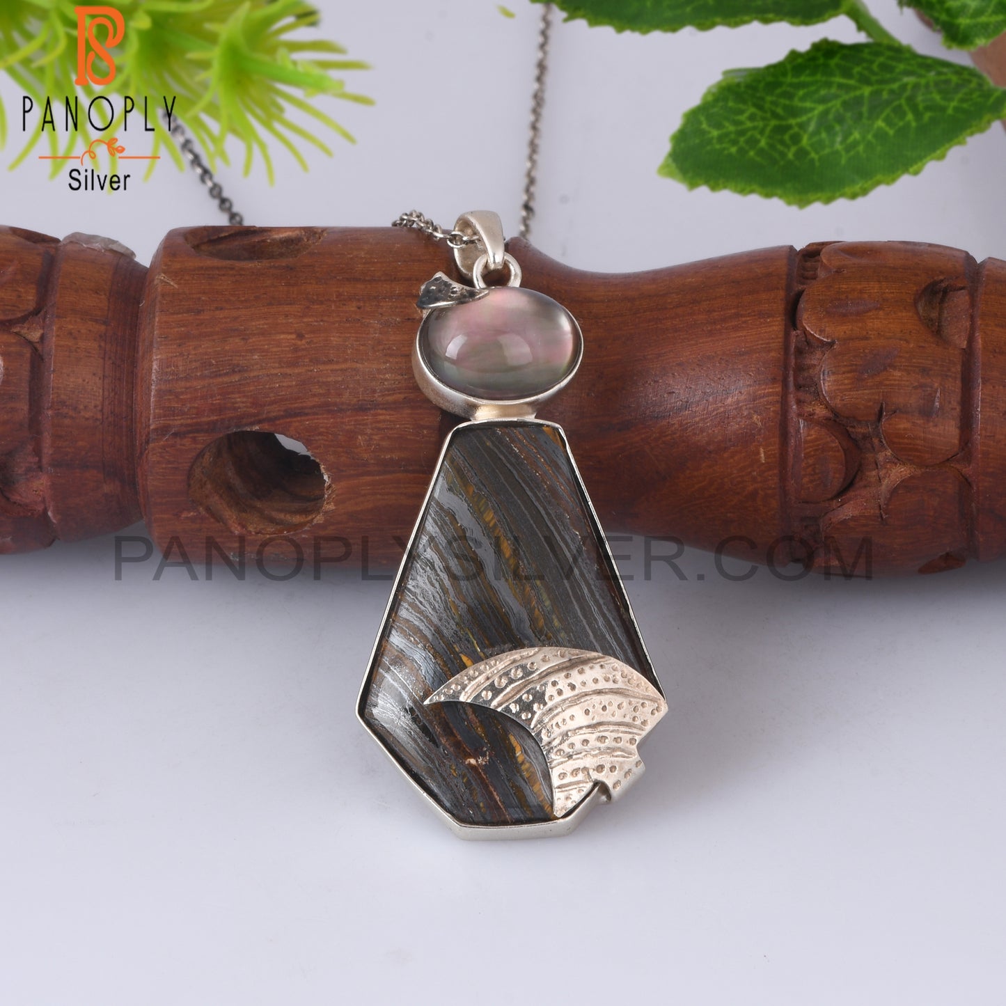 Doublet Gray Mop Crystal, Tiger Eye Iron Silver Chain Pendant
