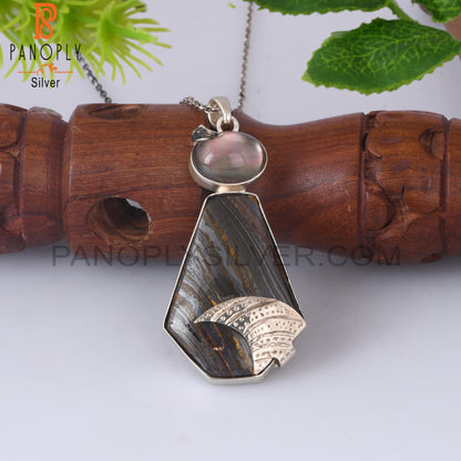 Doublet Gray Mop Crystal, Tiger Eye Iron Silver Chain Pendant