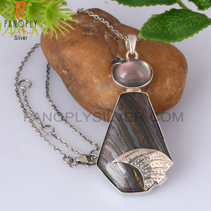 Doublet Gray Mop Crystal, Tiger Eye Iron Silver Chain Pendant