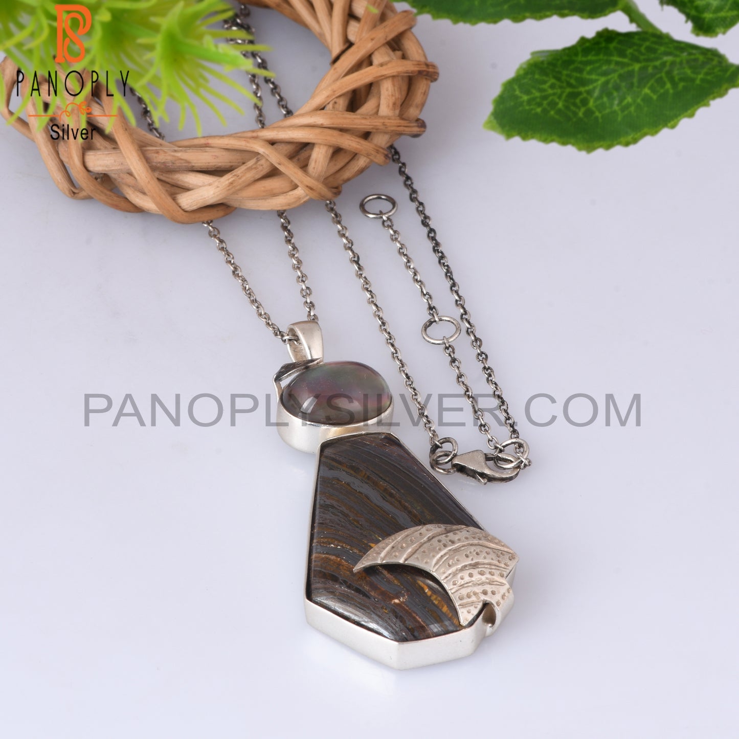 Doublet Gray Mop Crystal, Tiger Eye Iron Silver Chain Pendant