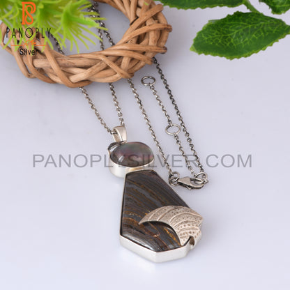 Doublet Gray Mop Crystal, Tiger Eye Iron Silver Chain Pendant