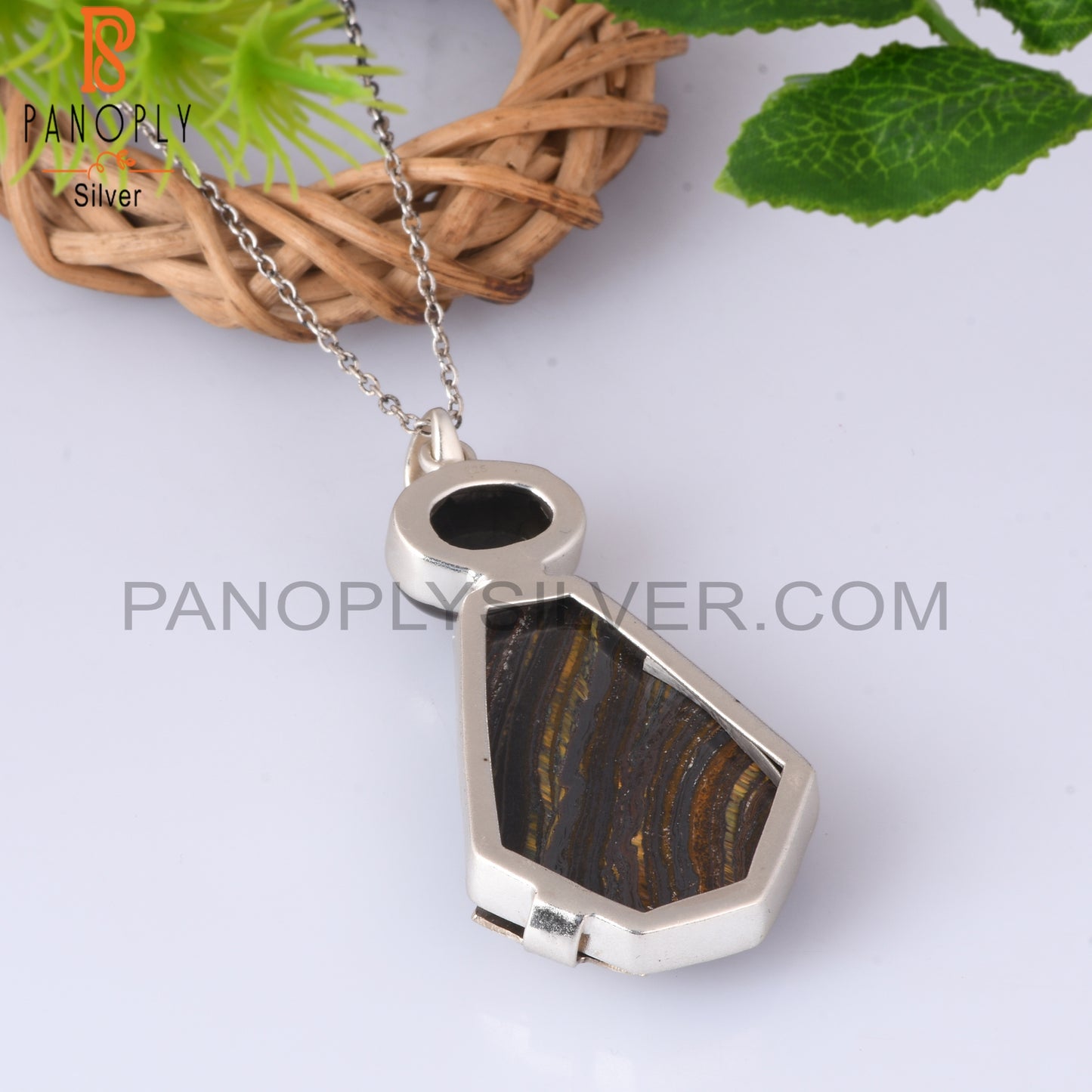Doublet Gray Mop Crystal, Tiger Eye Iron Silver Chain Pendant