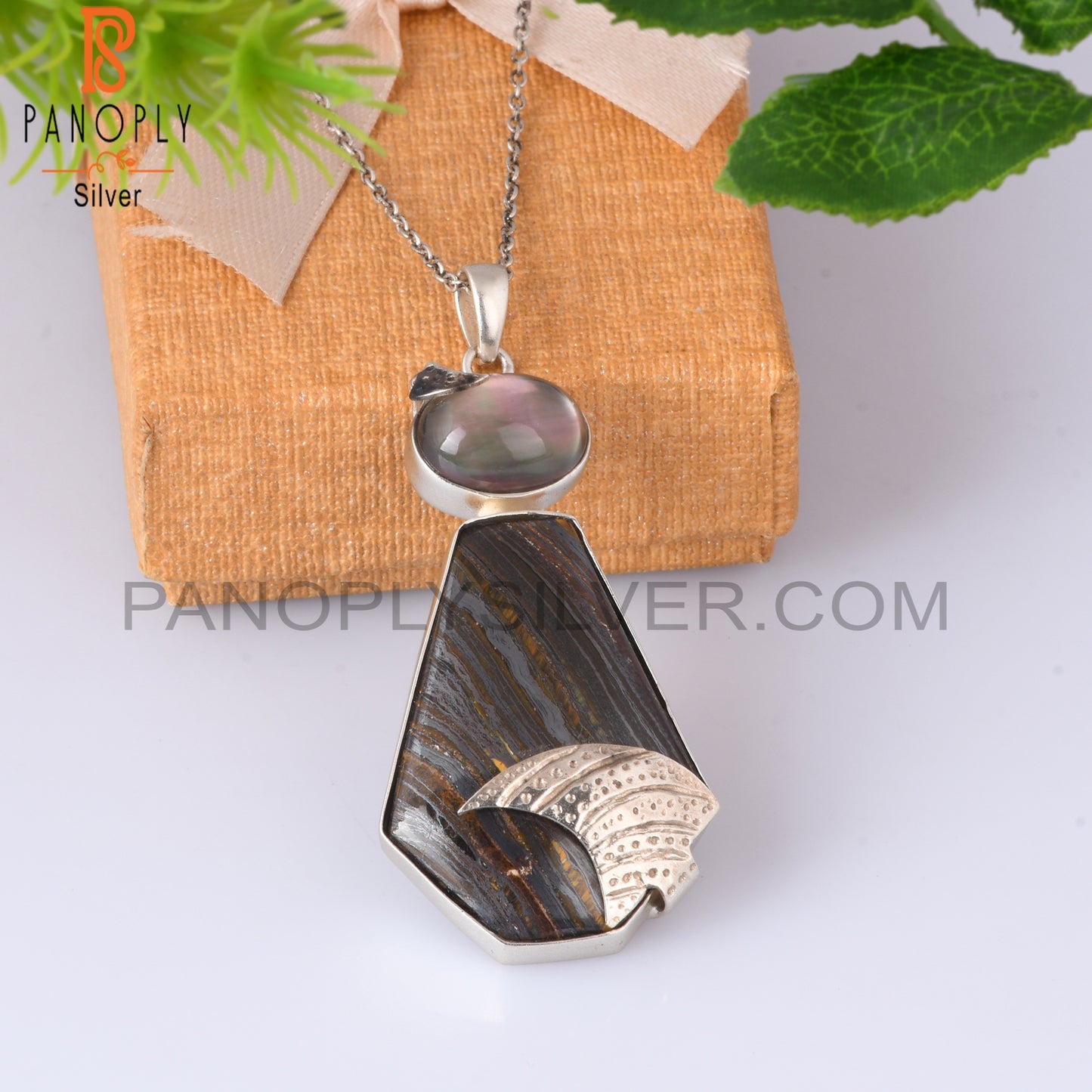 Doublet Gray Mop Crystal, Tiger Eye Iron Silver Chain Pendant