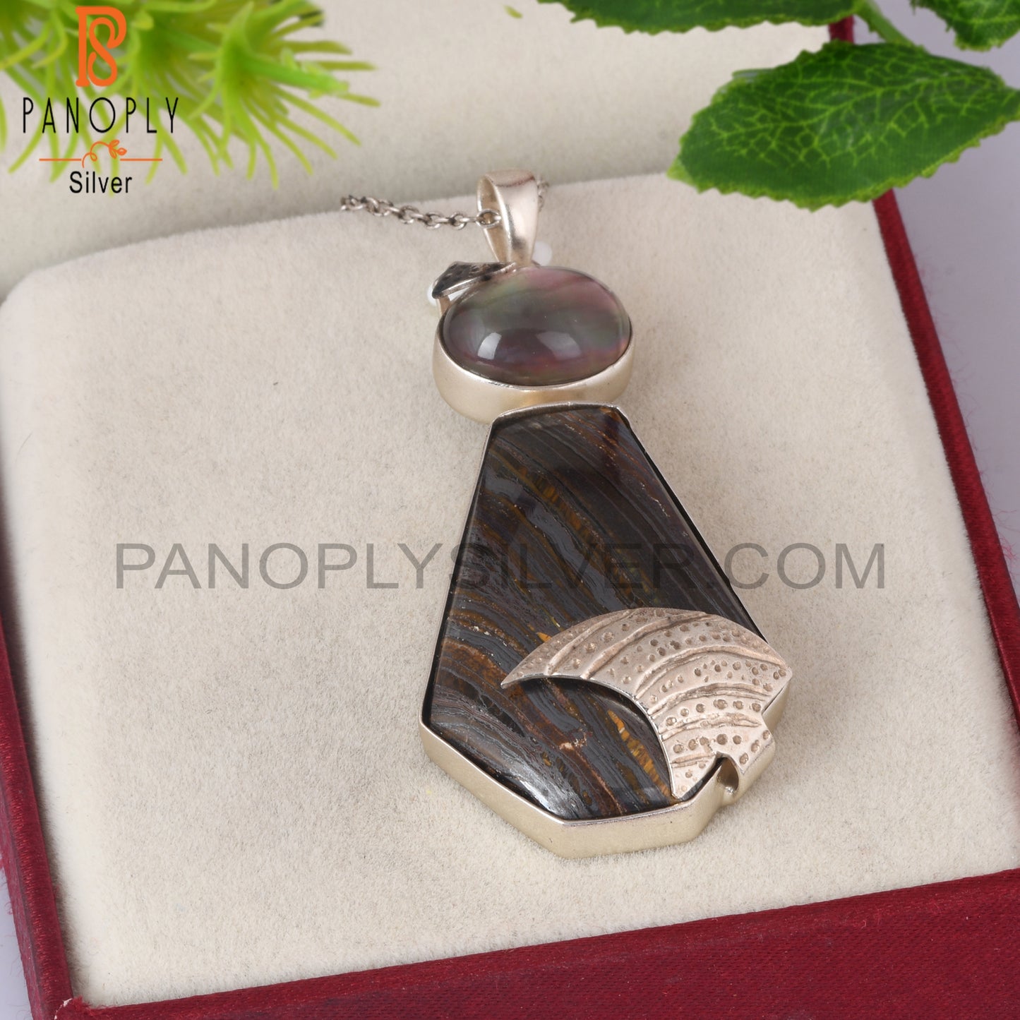 Doublet Gray Mop Crystal, Tiger Eye Iron Silver Chain Pendant