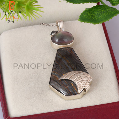 Doublet Gray Mop Crystal, Tiger Eye Iron Silver Chain Pendant