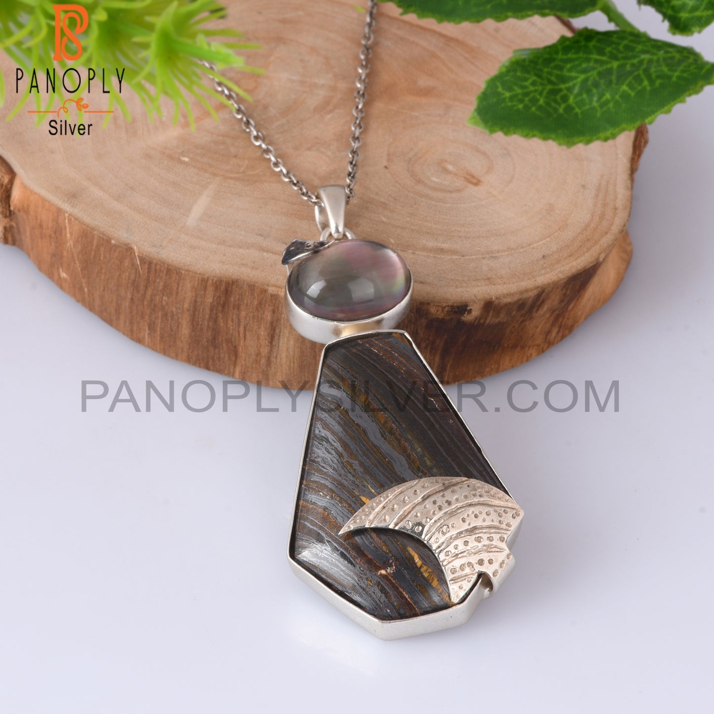 Doublet Gray Mop Crystal, Tiger Eye Iron Silver Chain Pendant