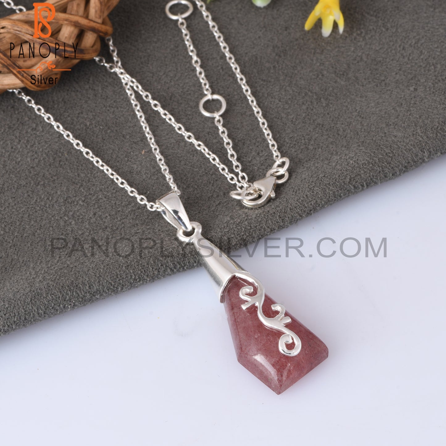 Strawberry Quartz 925 Sterling Silver Pendant With Chain
