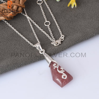 Strawberry Quartz 925 Sterling Silver Pendant With Chain