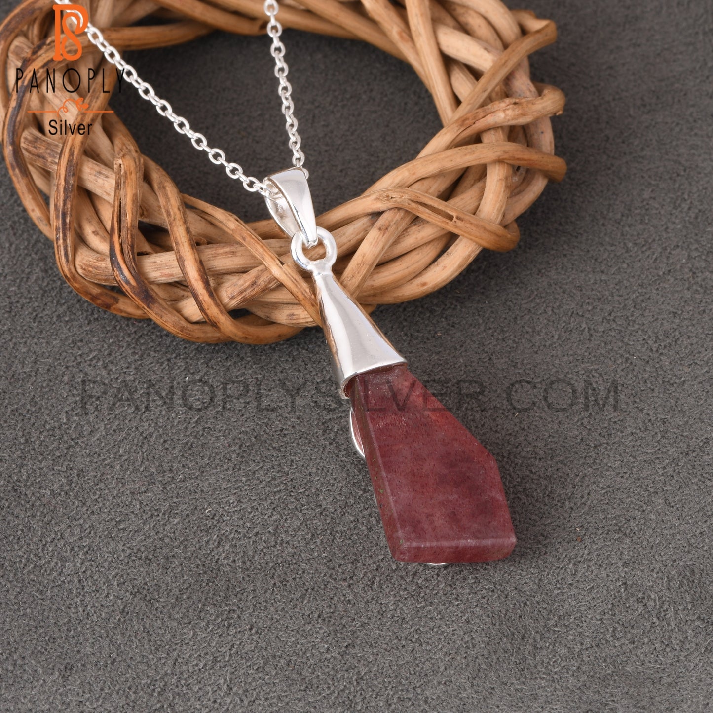 Strawberry Quartz 925 Sterling Silver Pendant With Chain