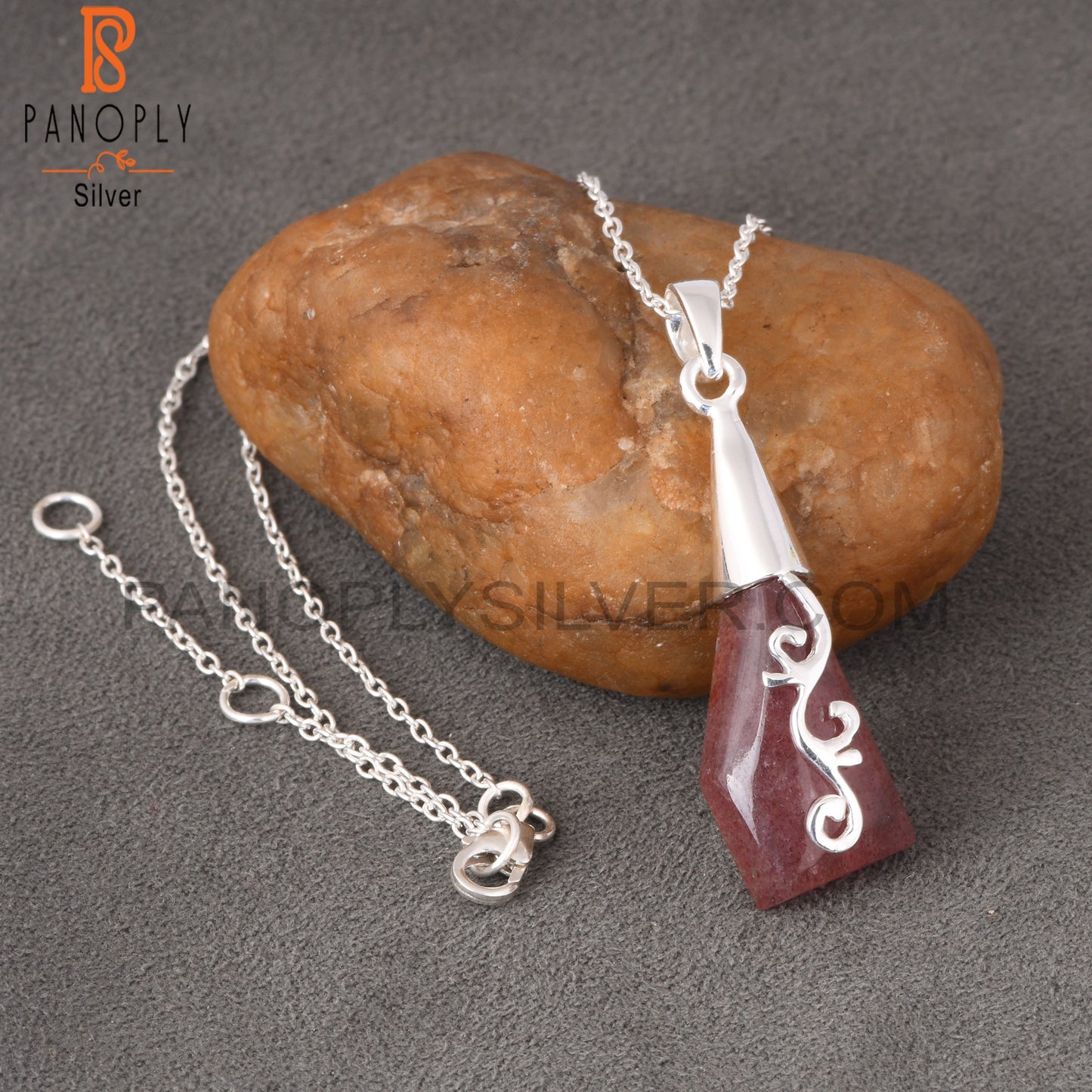Strawberry Quartz 925 Sterling Silver Pendant With Chain
