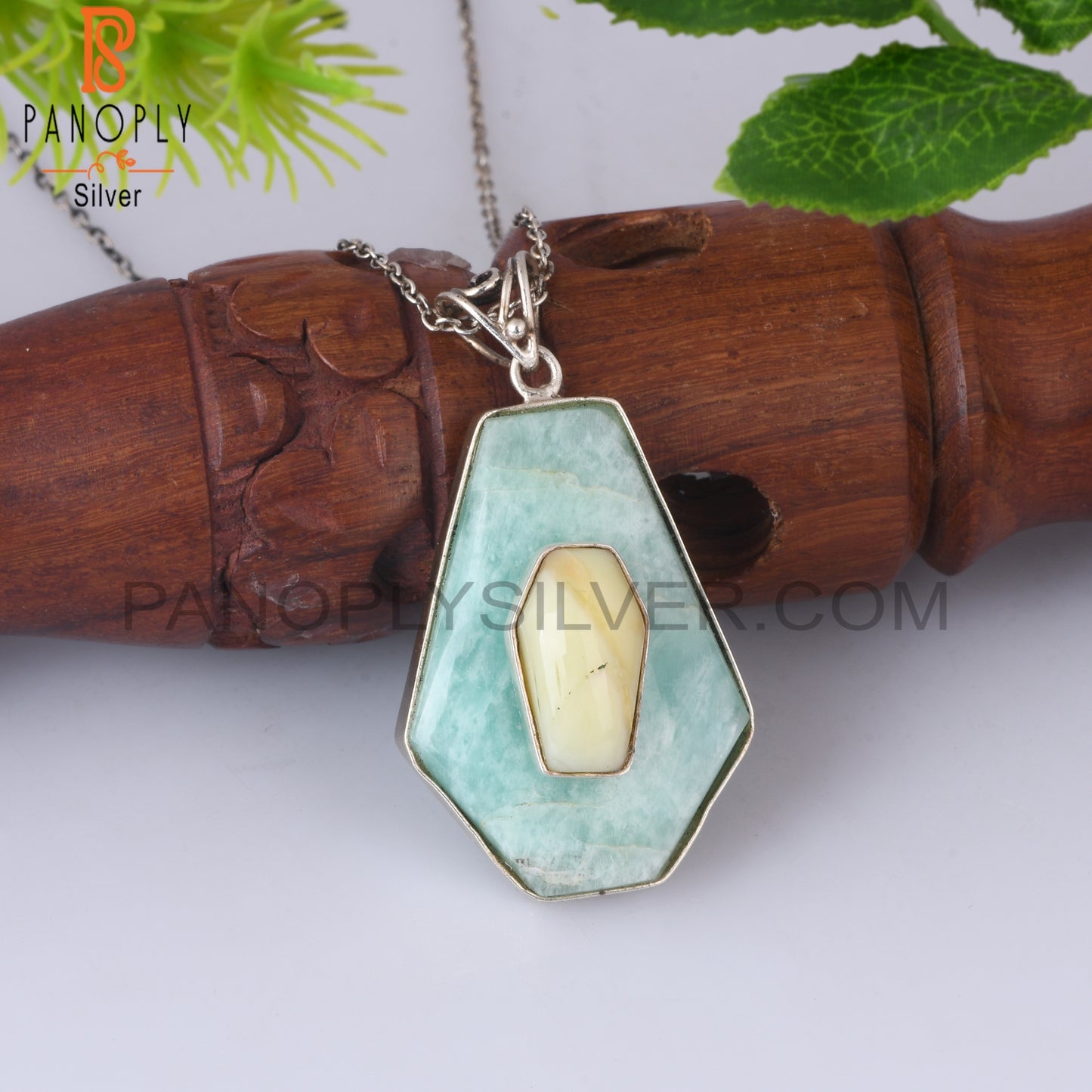 Yellow Opal & Amazonite Coffin Silver Pendant With Chain
