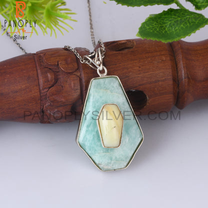 Yellow Opal & Amazonite Coffin Silver Pendant With Chain
