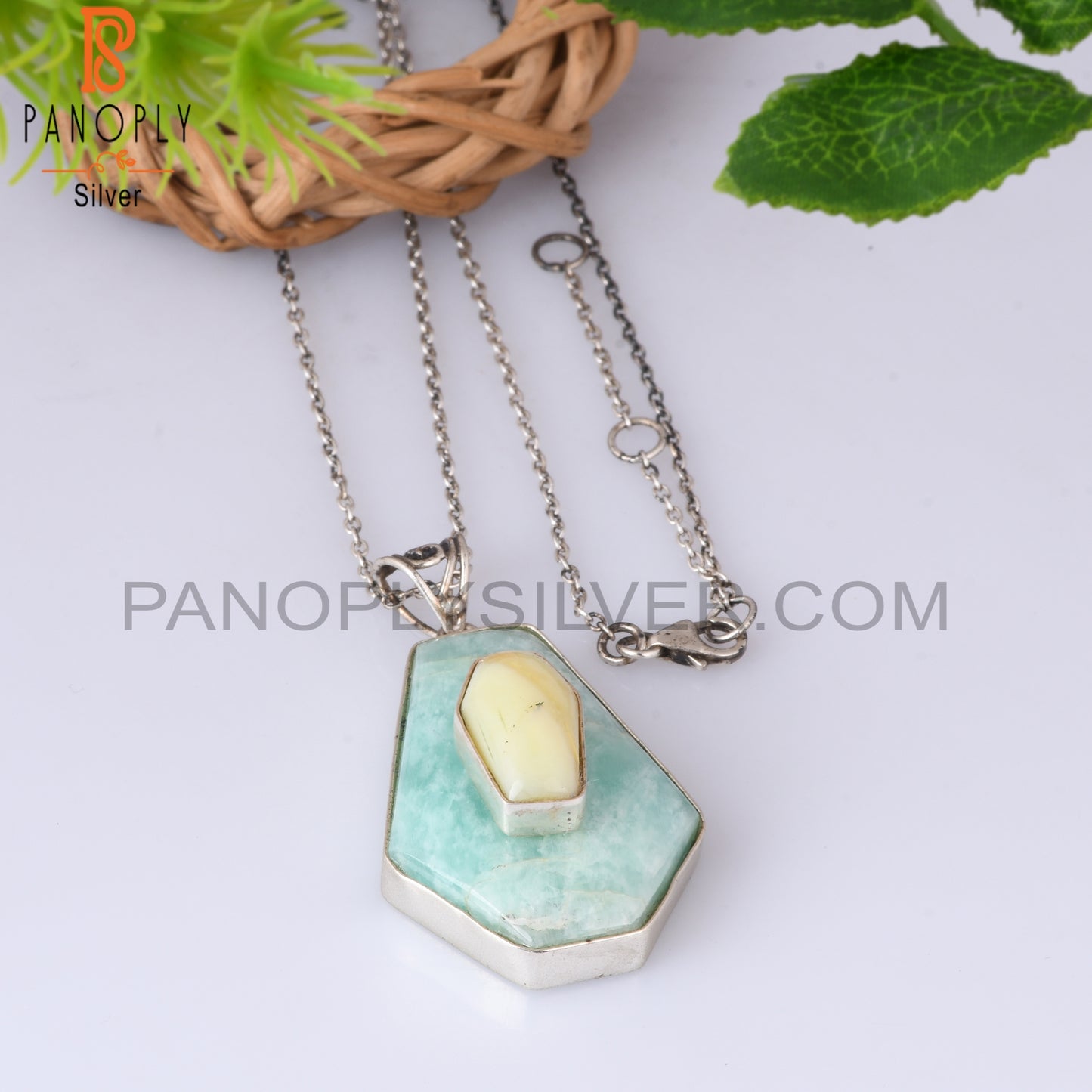 Yellow Opal & Amazonite Coffin Silver Pendant With Chain