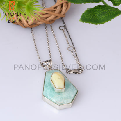 Yellow Opal & Amazonite Coffin Silver Pendant With Chain