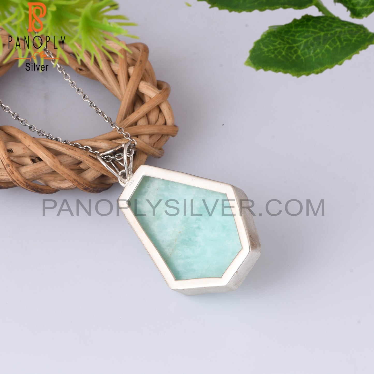 Yellow Opal & Amazonite Coffin Silver Pendant With Chain