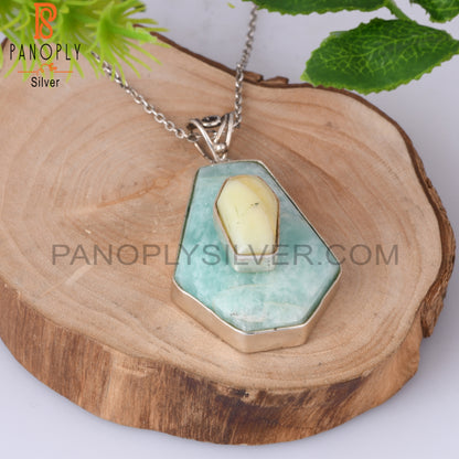 Yellow Opal & Amazonite Coffin Silver Pendant With Chain