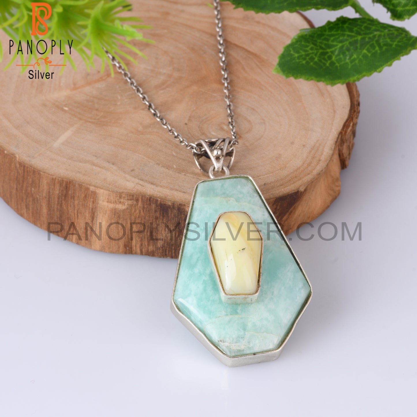 Yellow Opal & Amazonite Coffin Silver Pendant With Chain