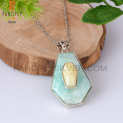 Yellow Opal & Amazonite Coffin Silver Pendant With Chain