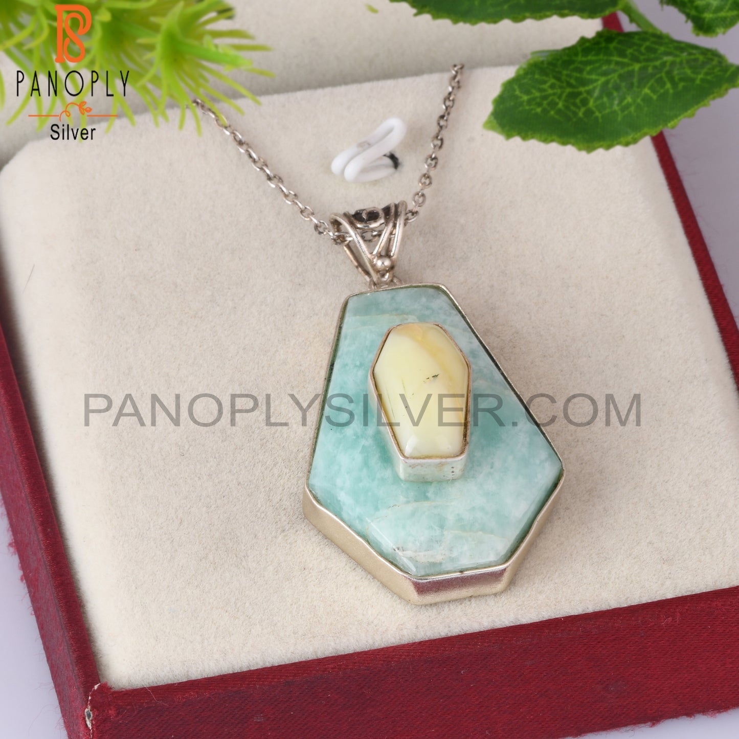 Yellow Opal & Amazonite Coffin Silver Pendant With Chain