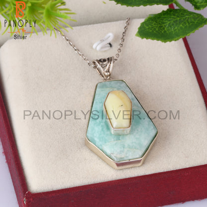 Yellow Opal & Amazonite Coffin Silver Pendant With Chain