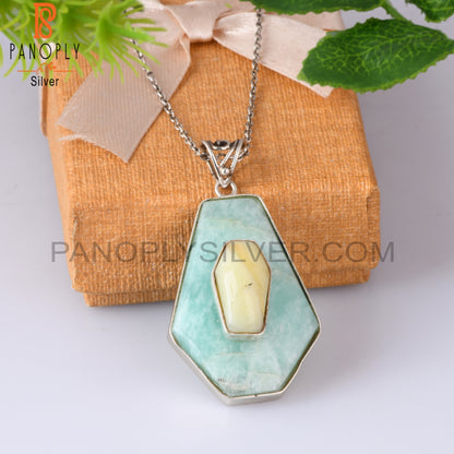 Yellow Opal & Amazonite Coffin Silver Pendant With Chain