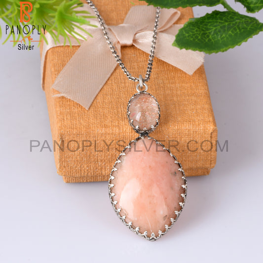 Sunstone Quartz & Pink Amazonite 925 Sterling Silver Pendant