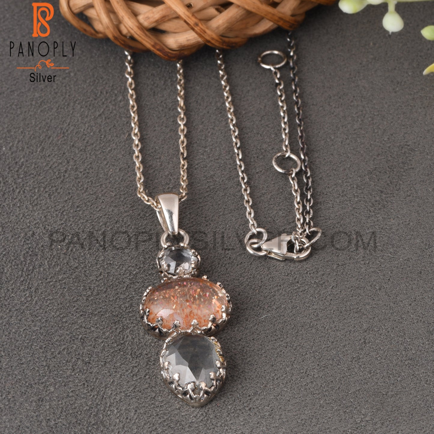 Crystal Quartz, Doublet Sunstone Quartz & Green Amethyst 925 Sterling Silver Pendant
