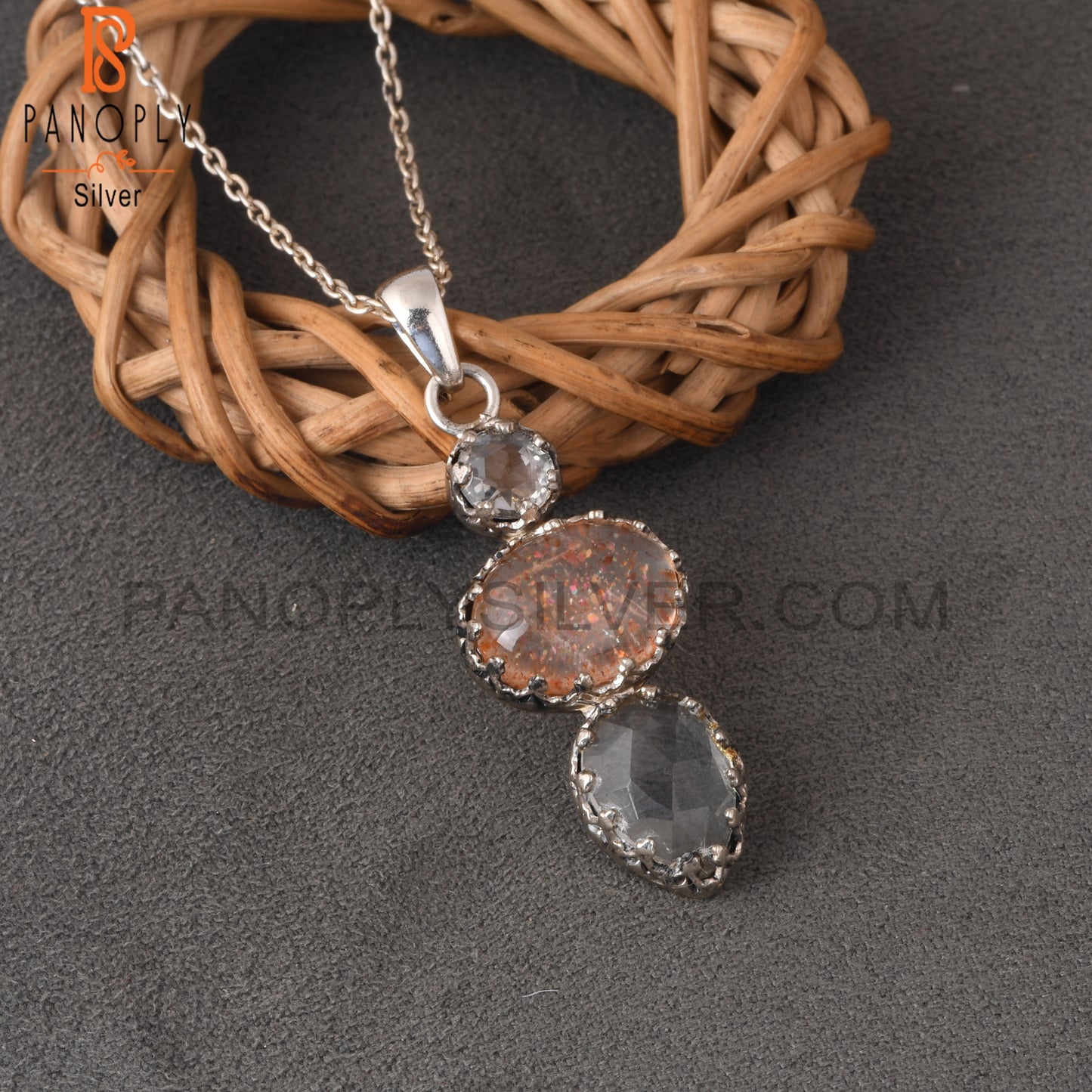 Crystal Quartz, Doublet Sunstone Quartz & Green Amethyst 925 Sterling Silver Pendant