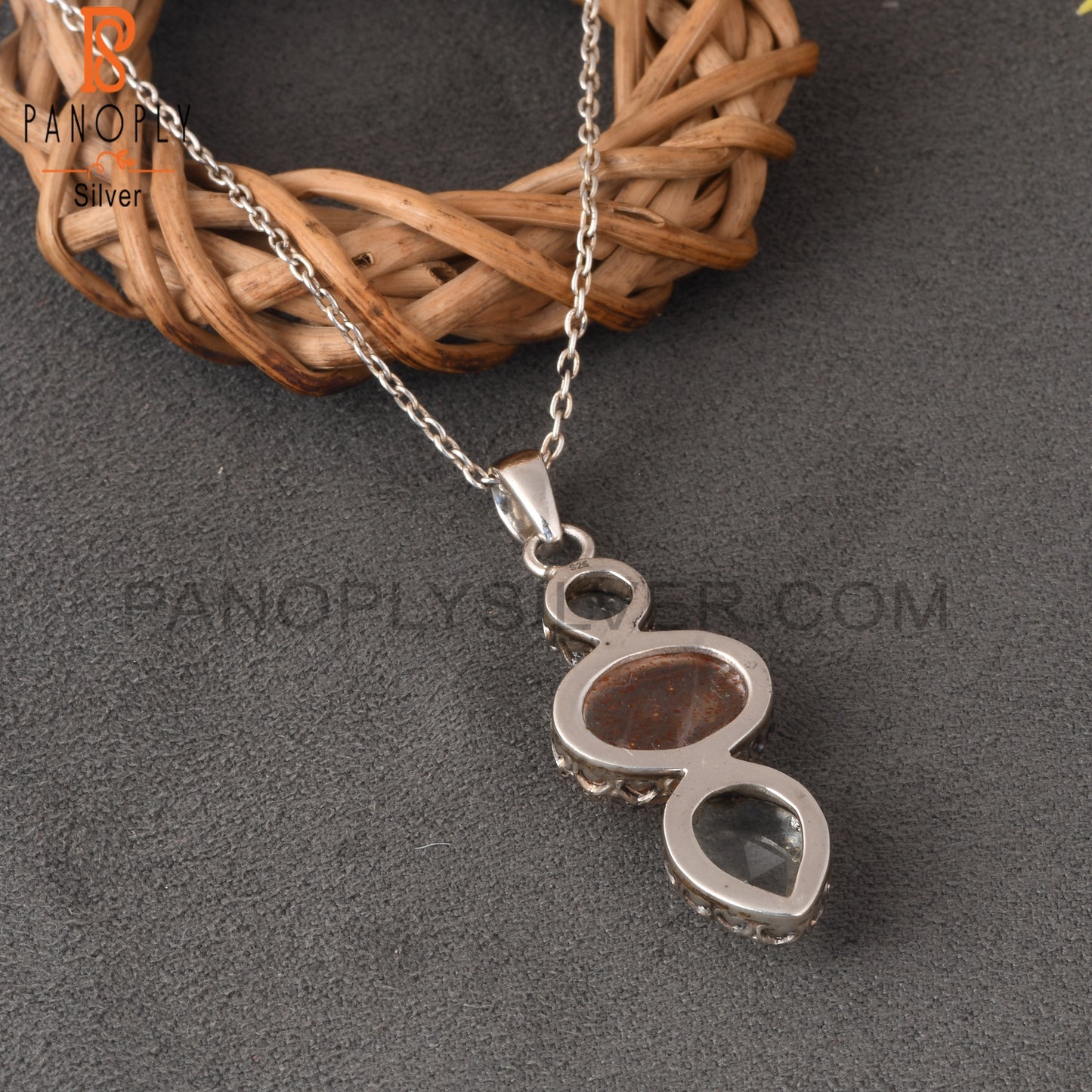 Crystal Quartz, Doublet Sunstone Quartz & Green Amethyst 925 Sterling Silver Pendant