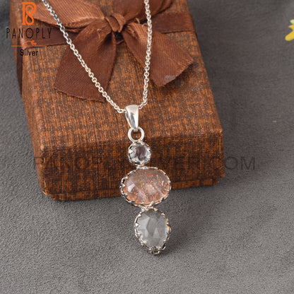 Crystal Quartz, Doublet Sunstone Quartz & Green Amethyst 925 Sterling Silver Pendant