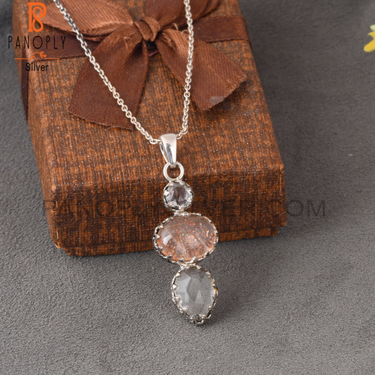 Crystal Quartz, Doublet Sunstone Quartz & Green Amethyst 925 Sterling Silver Pendant