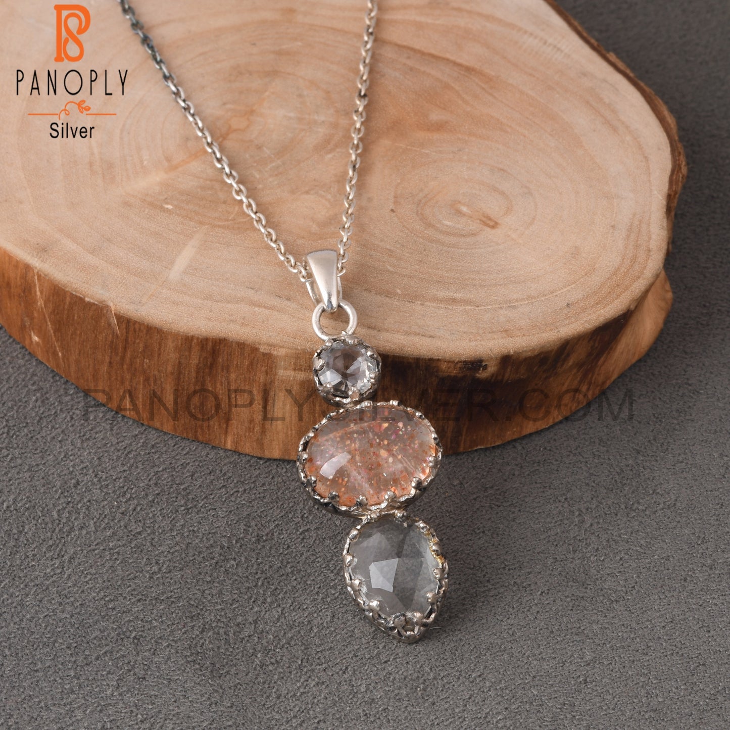Crystal Quartz, Doublet Sunstone Quartz & Green Amethyst 925 Sterling Silver Pendant