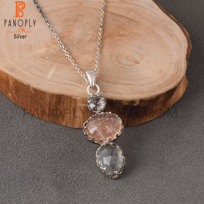 Crystal Quartz, Doublet Sunstone Quartz & Green Amethyst 925 Sterling Silver Pendant
