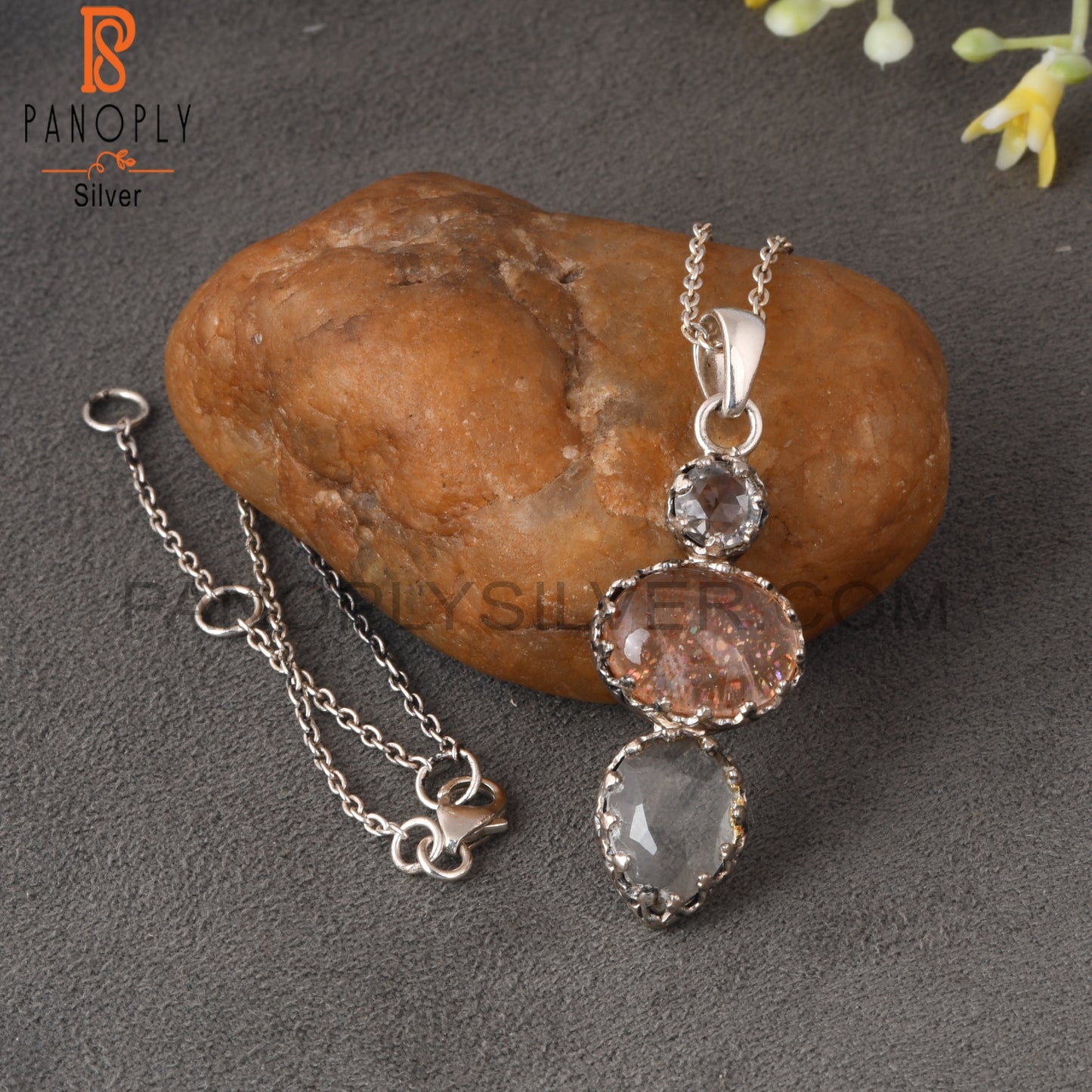 Crystal Quartz, Doublet Sunstone Quartz & Green Amethyst 925 Sterling Silver Pendant