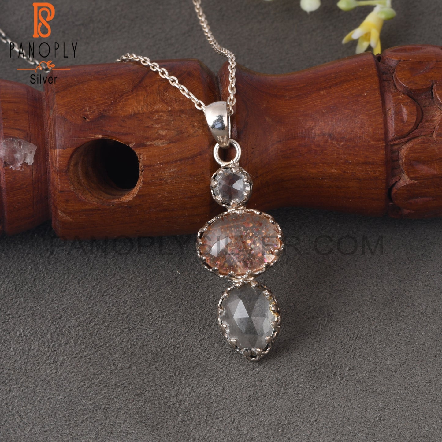 Crystal Quartz, Doublet Sunstone Quartz & Green Amethyst 925 Sterling Silver Pendant