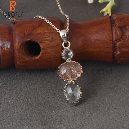 Crystal Quartz, Doublet Sunstone Quartz & Green Amethyst 925 Sterling Silver Pendant