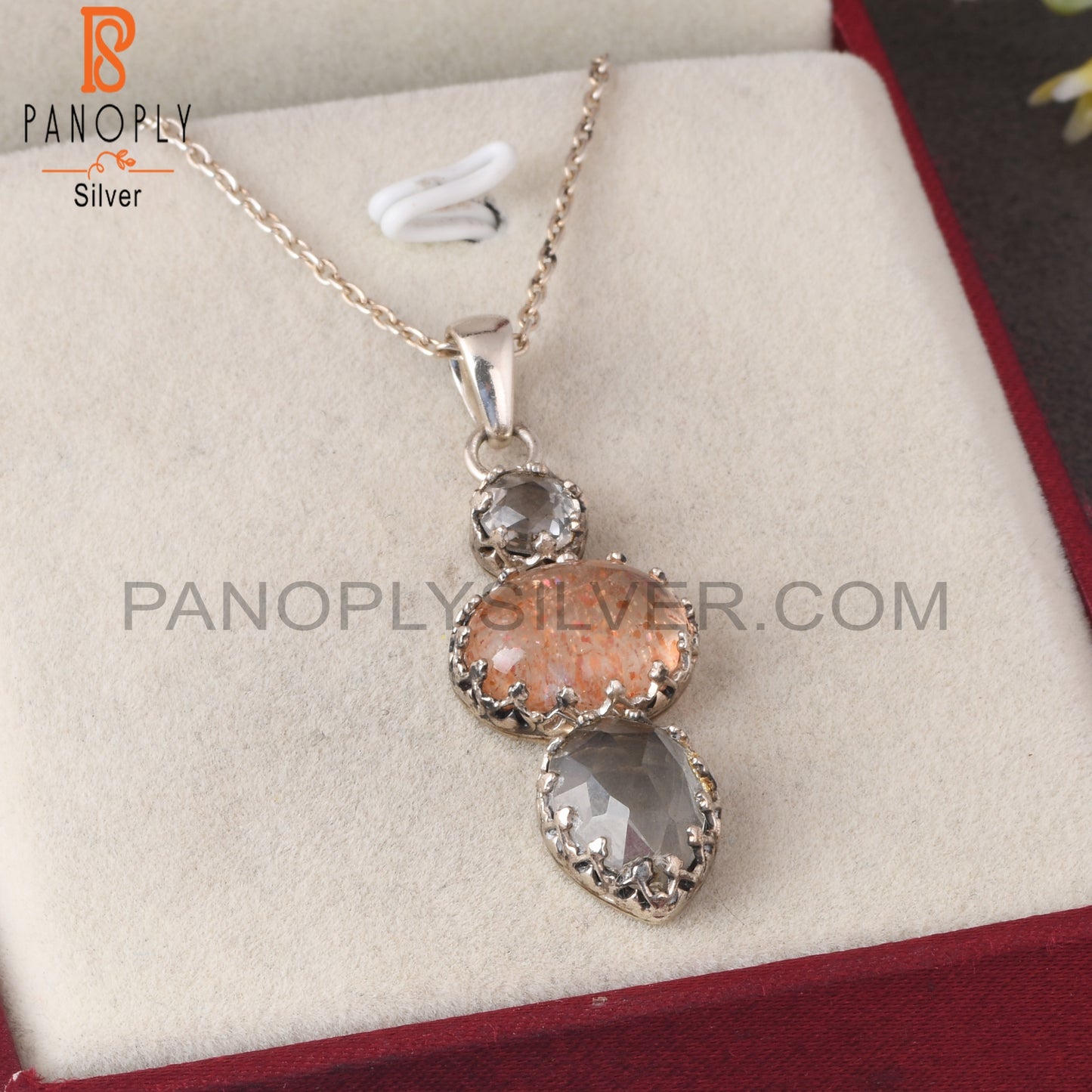 Crystal Quartz, Doublet Sunstone Quartz & Green Amethyst 925 Sterling Silver Pendant
