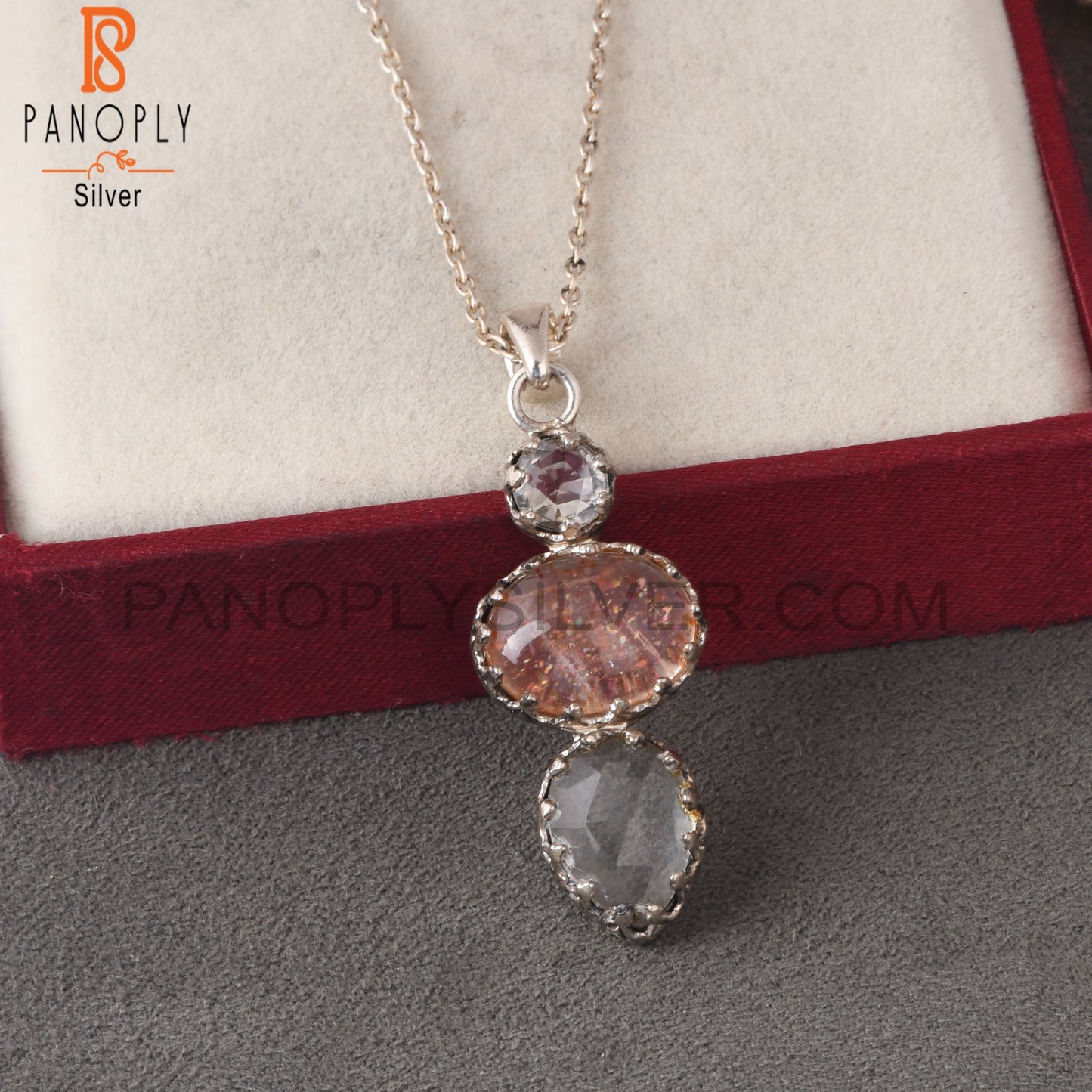 Crystal Quartz, Doublet Sunstone Quartz & Green Amethyst 925 Sterling Silver Pendant