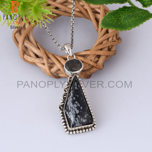 Snowflake Obsidian & Black Rutile 925 Sterling Silver Pendant