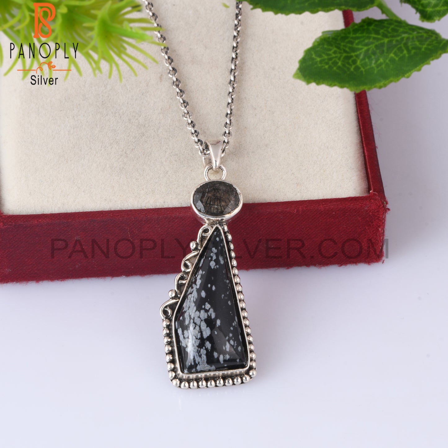 Snowflake Obsidian & Black Rutile 925 Sterling Silver Pendant