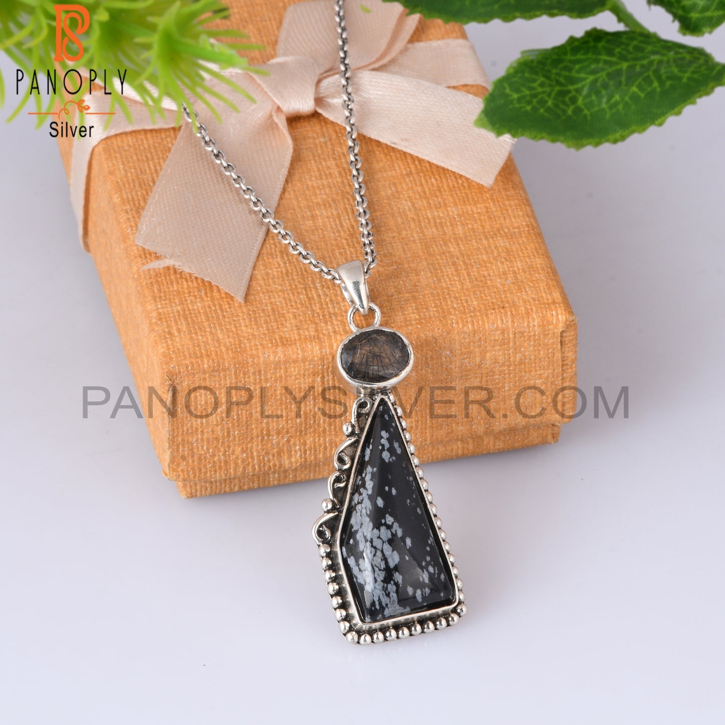 Snowflake Obsidian & Black Rutile 925 Sterling Silver Pendant