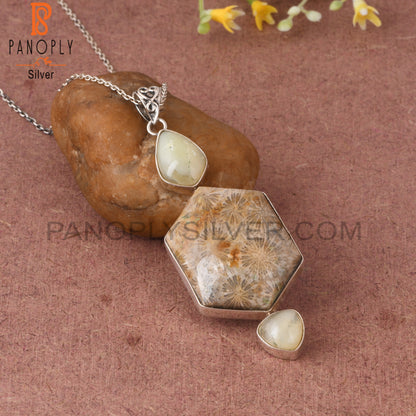 Fossil Coral & Yellow Opal 925 Silver Pendant With Chain